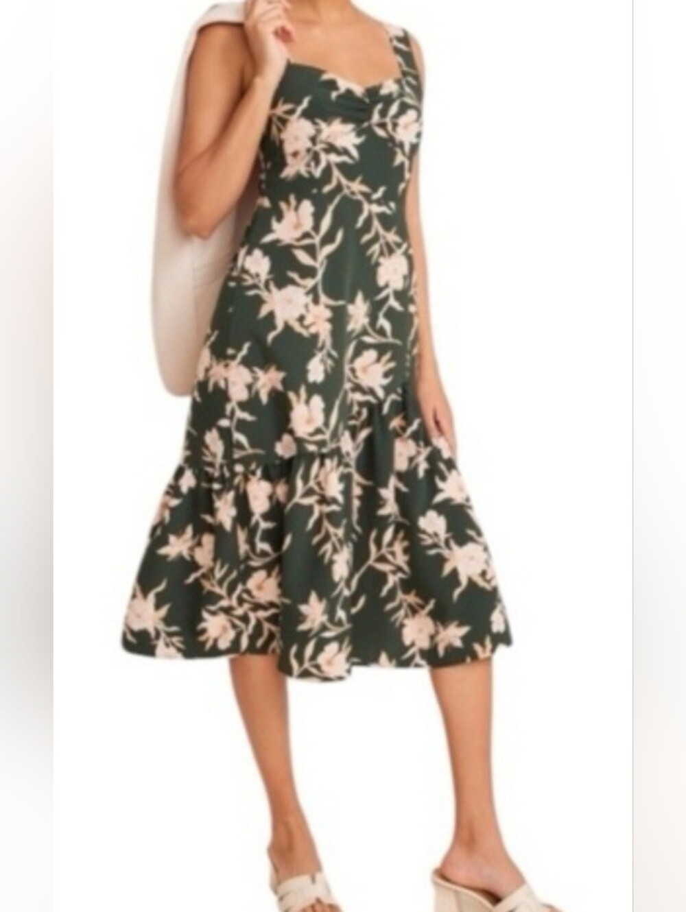 Maurices Floral Square-Neck Midi Dress in Dark Green and Blush